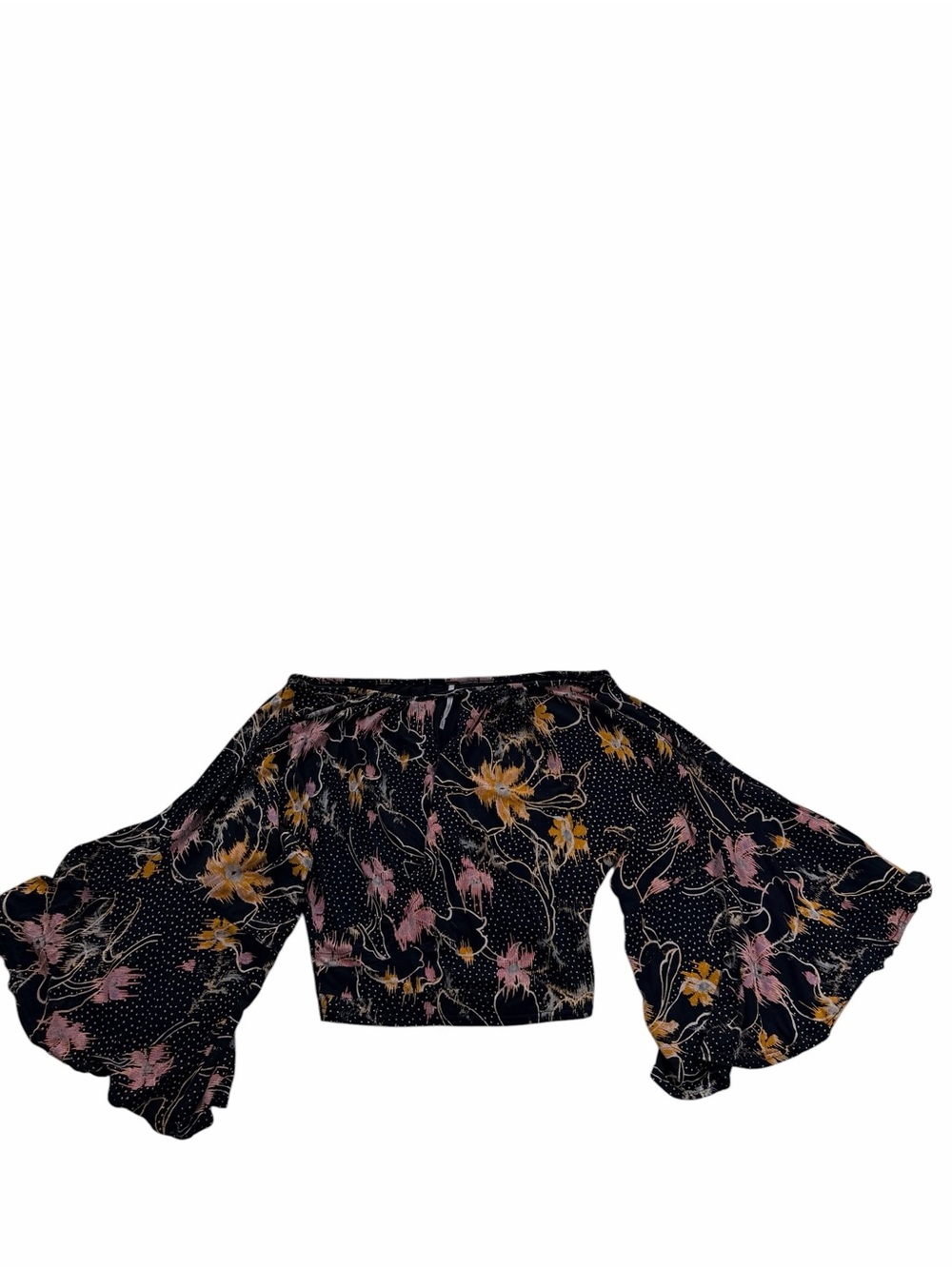 Free People Black Floral Keyhole Flowy Blouse Pink & Yellow Accents Size XS - Picture 4 of 7